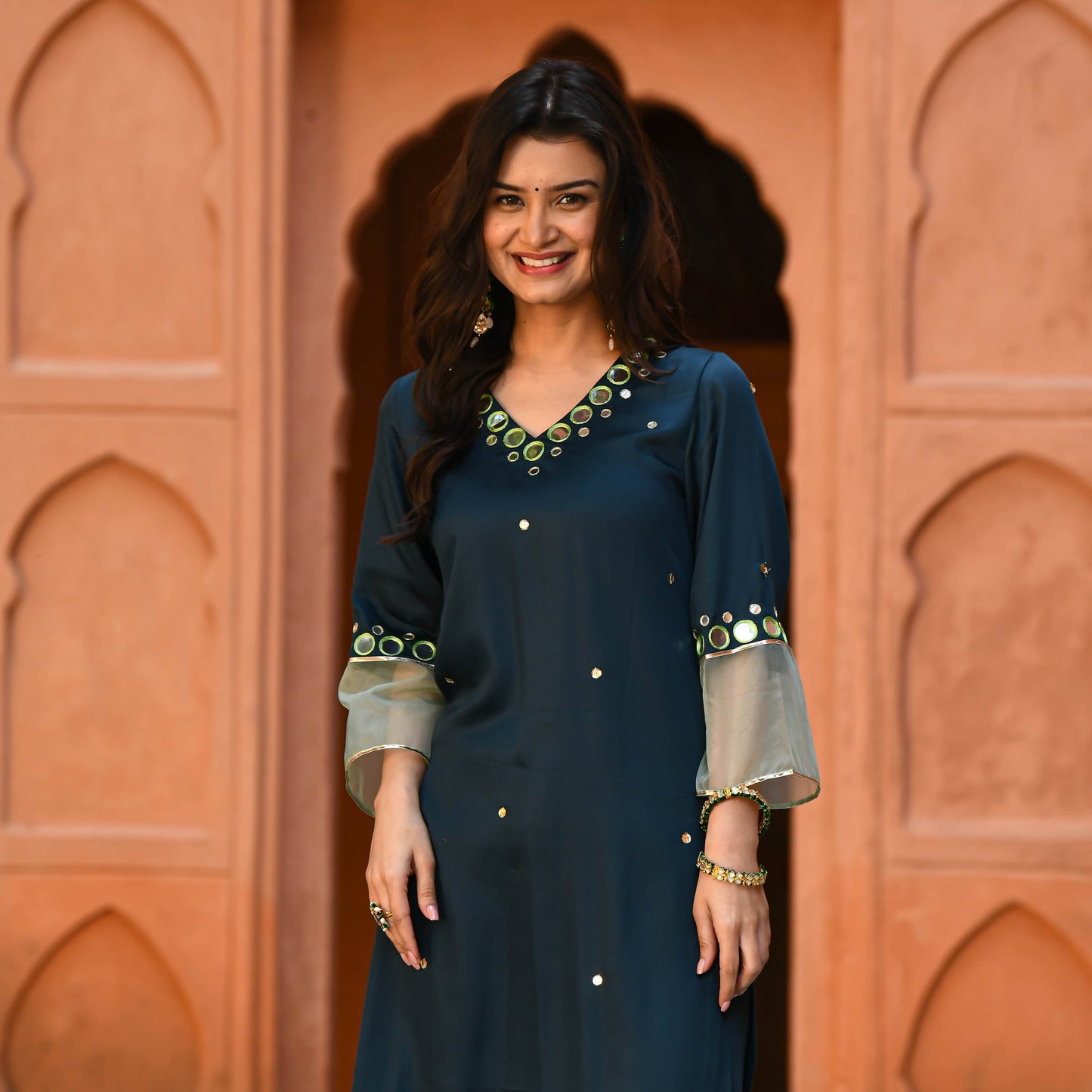 Dark Green Mirror Work Kurta Set for Women Online