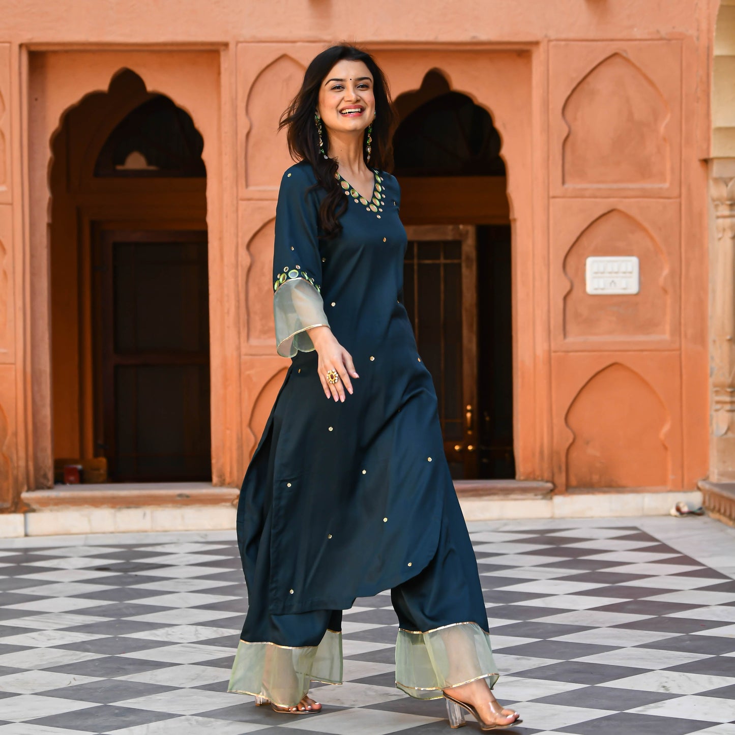 Dark Green Mirror Work Kurta Set for Women Online