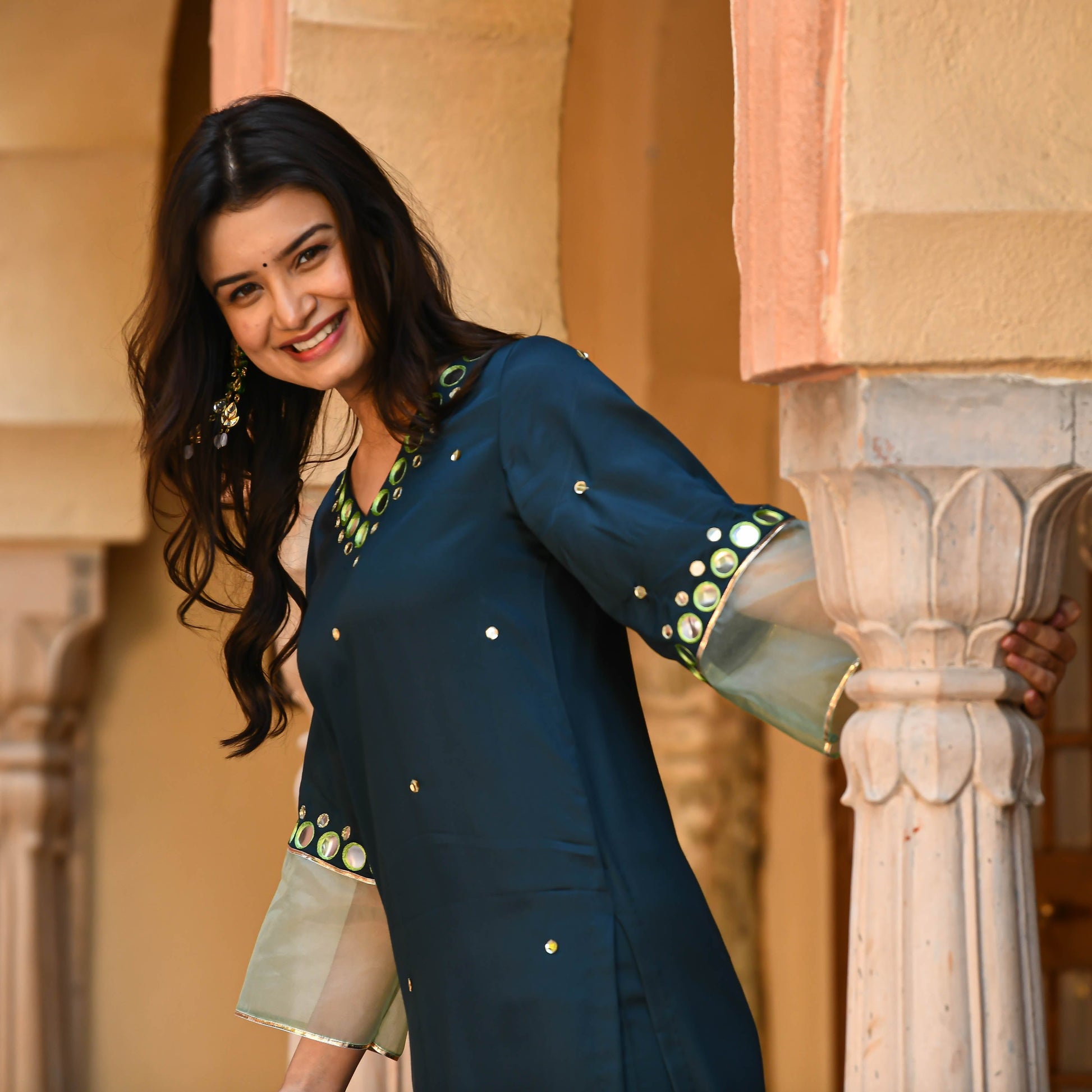 Dark Green Mirror Work Kurta Set for Women Online