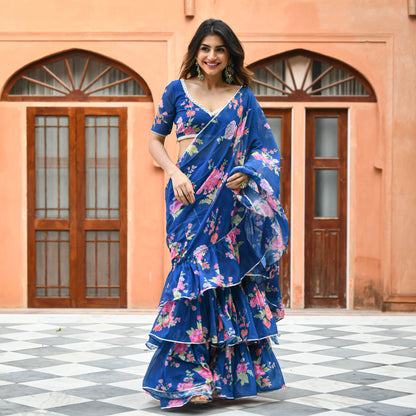 Bunaai Blue Floral Fusion Saree | Relove