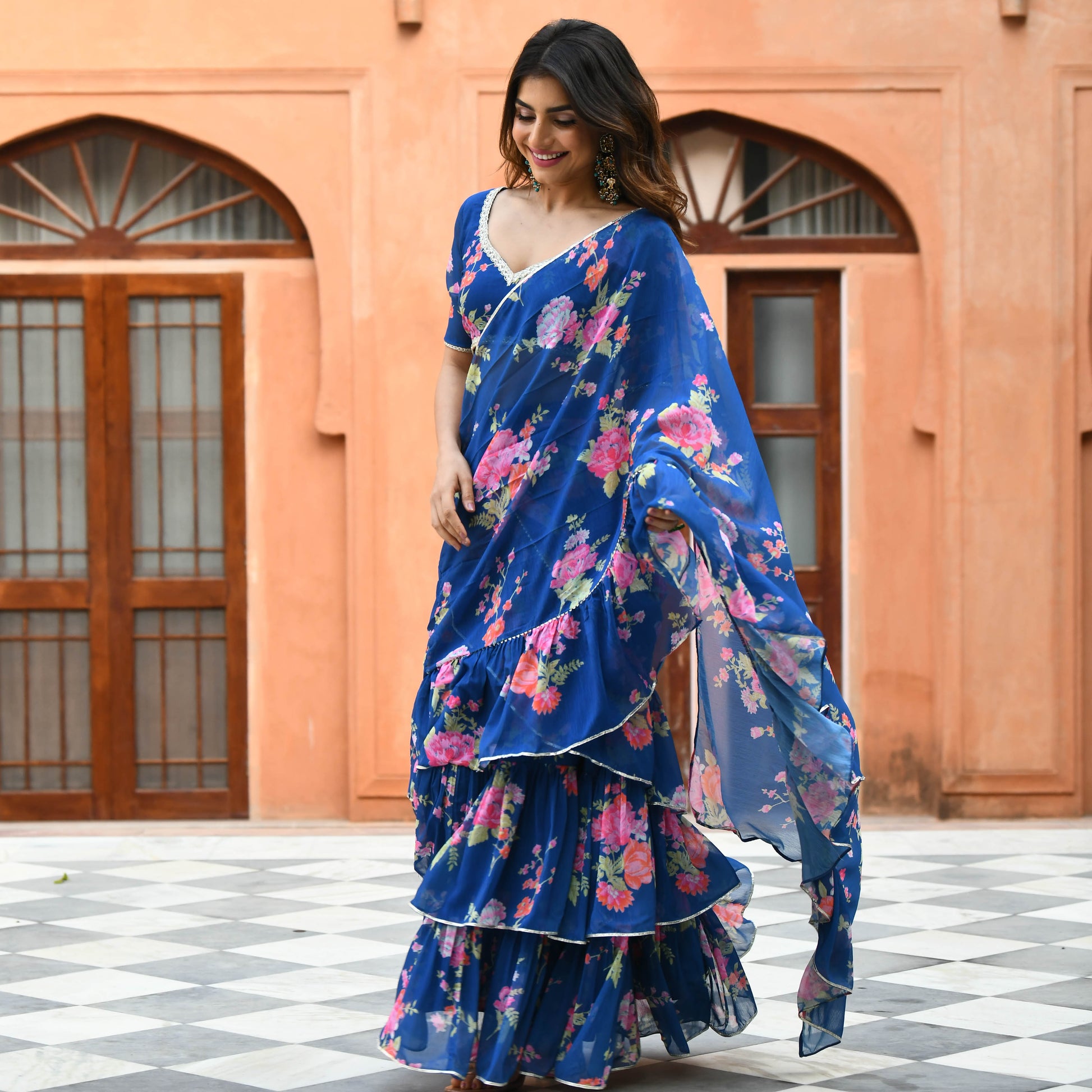 Blue Floral Drape Saree for women online