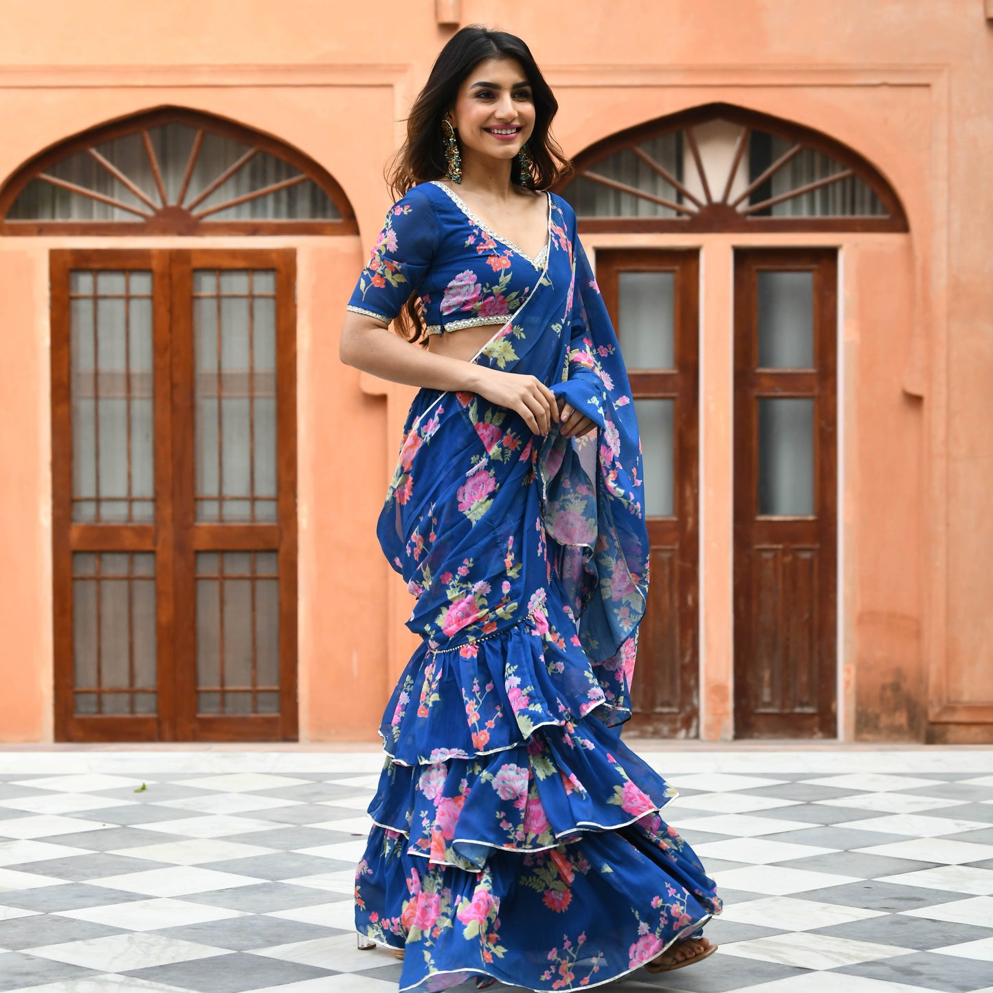  Royal Blue Floral Fusion Georgette Saree Online