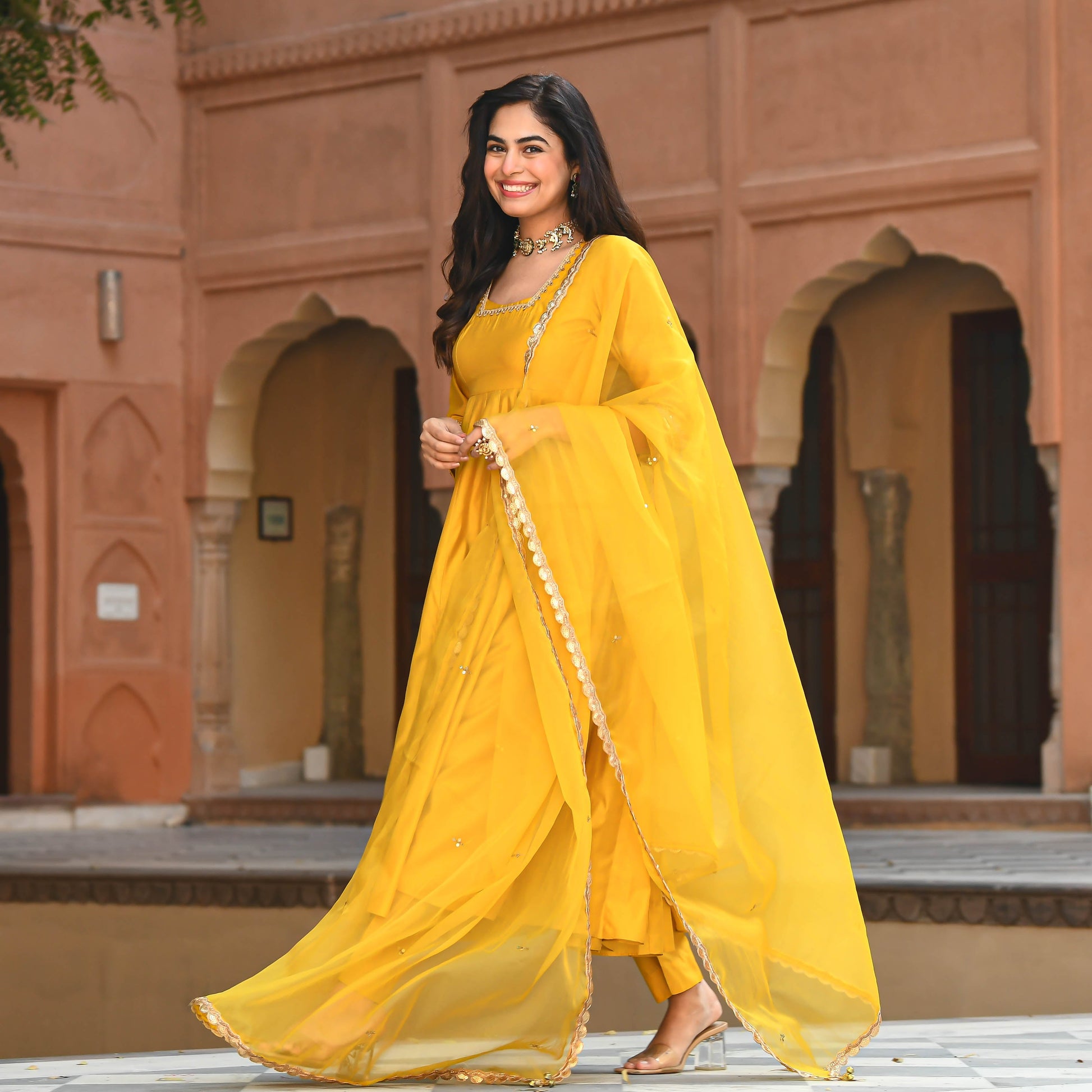 Yellow Chanderi Anarkali Suit Set for women online