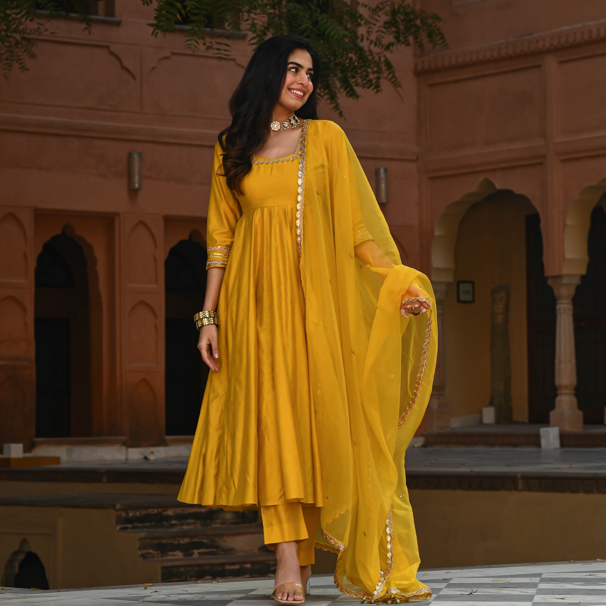 Yellow Chanderi Anarkali Suit Set for women online