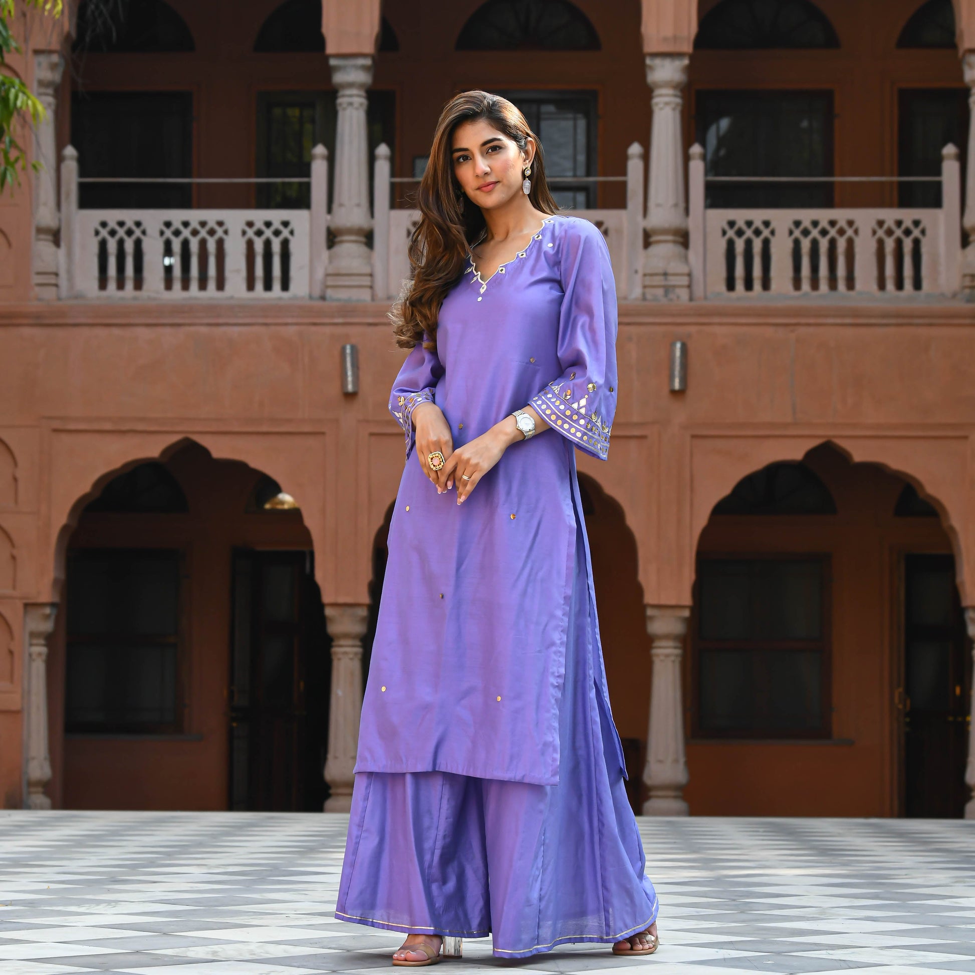 Purple Mirror Work Kurta Set