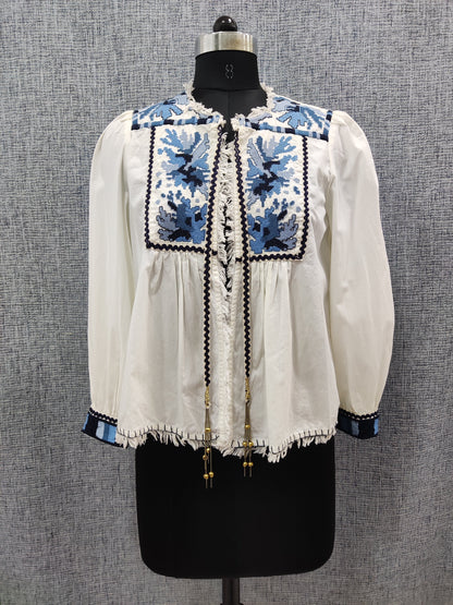 ZARA White And Blue Floral Embroidered Jacket | Relove
