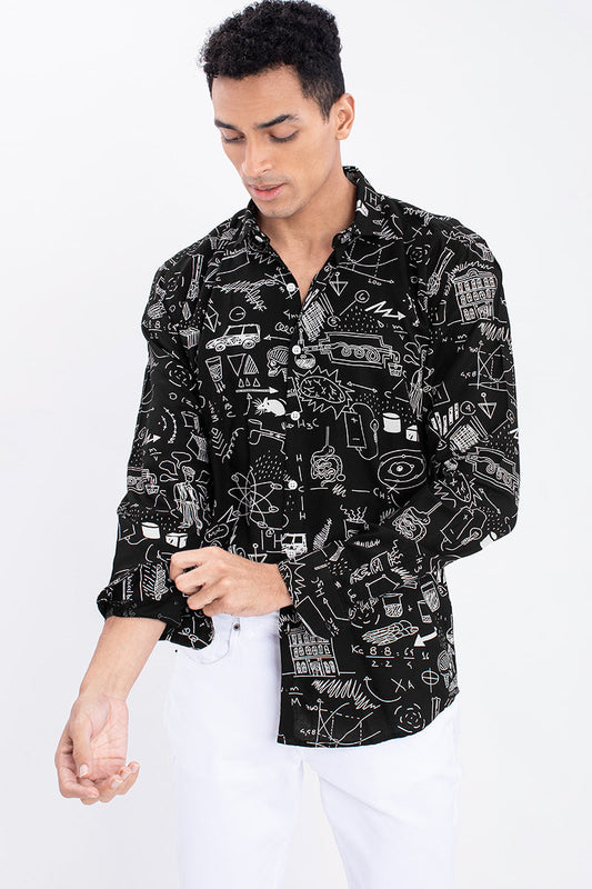 Black Viscose Doodle Print Shirt - SNITCH