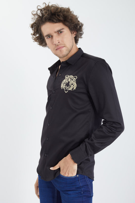 Caspian Tiger Black Satin Full Sleeves Shirt - SNITCH