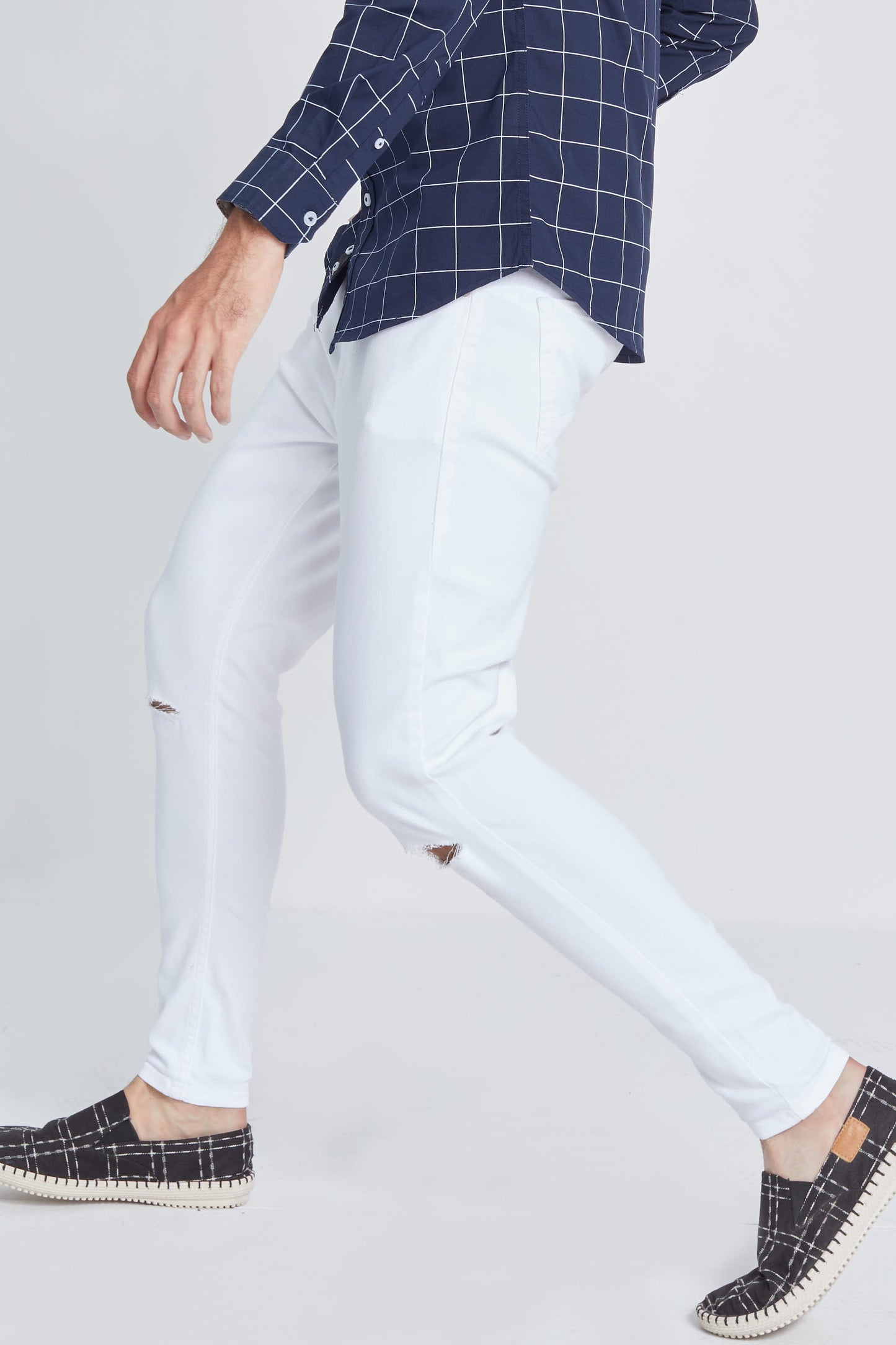 White Hyper Flex Knee-Cut Denim Jeans - SNITCH