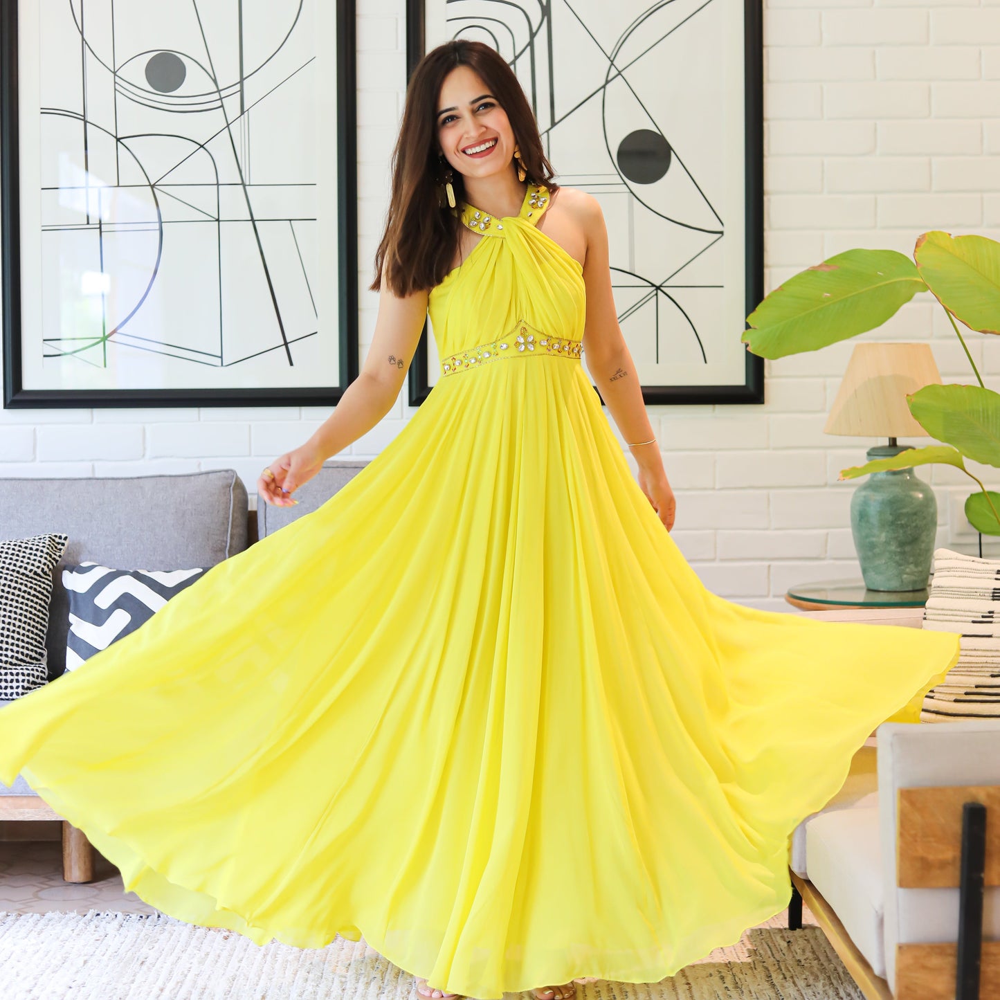 Yellow Georgette Halter Neck Dress