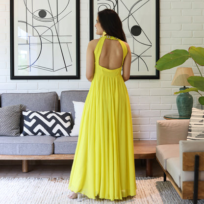 Yellow Georgette Halter Neck Dress