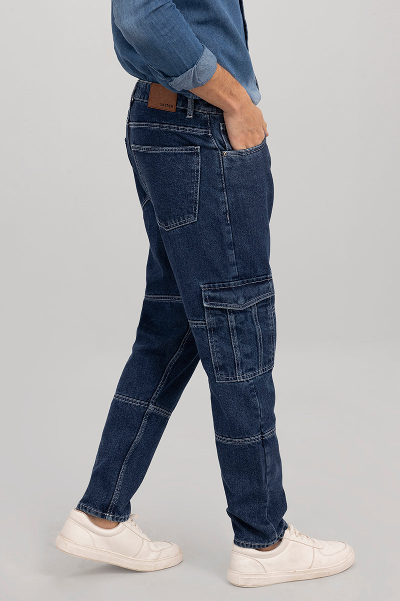 SHOWOFF Blue Denim Mid Rise Cargo Jeans