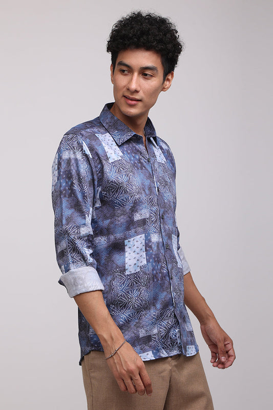 Indigo Printed Patch Shirt | Relove