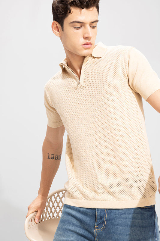 Mesh Knit Beige Polo T-Shirt | Relove