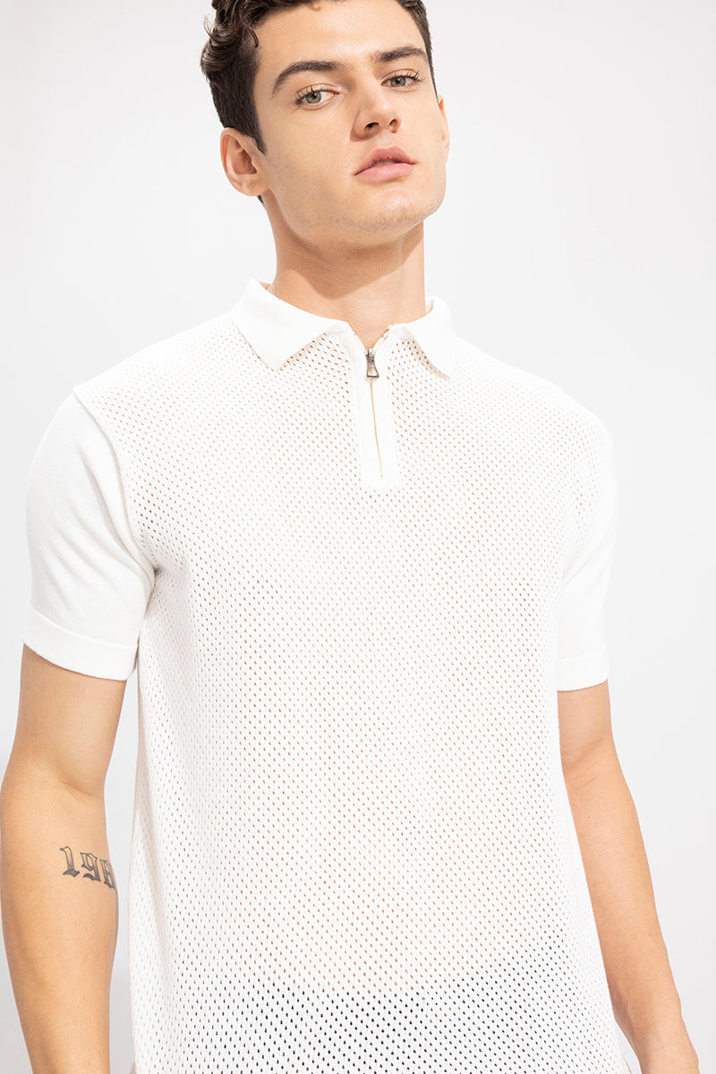 Mesh Knit White Polo T-Shirt | Relove