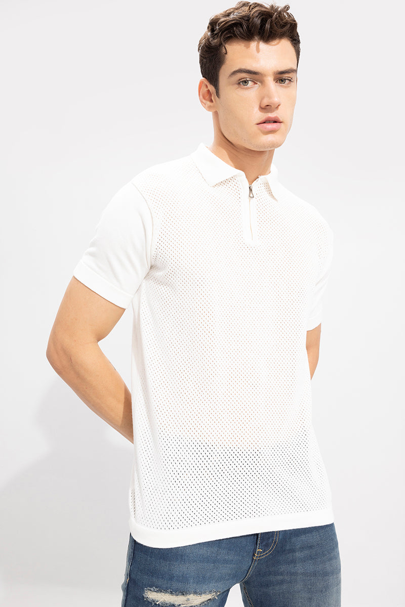 Mesh Knit White Polo T-Shirt | Relove