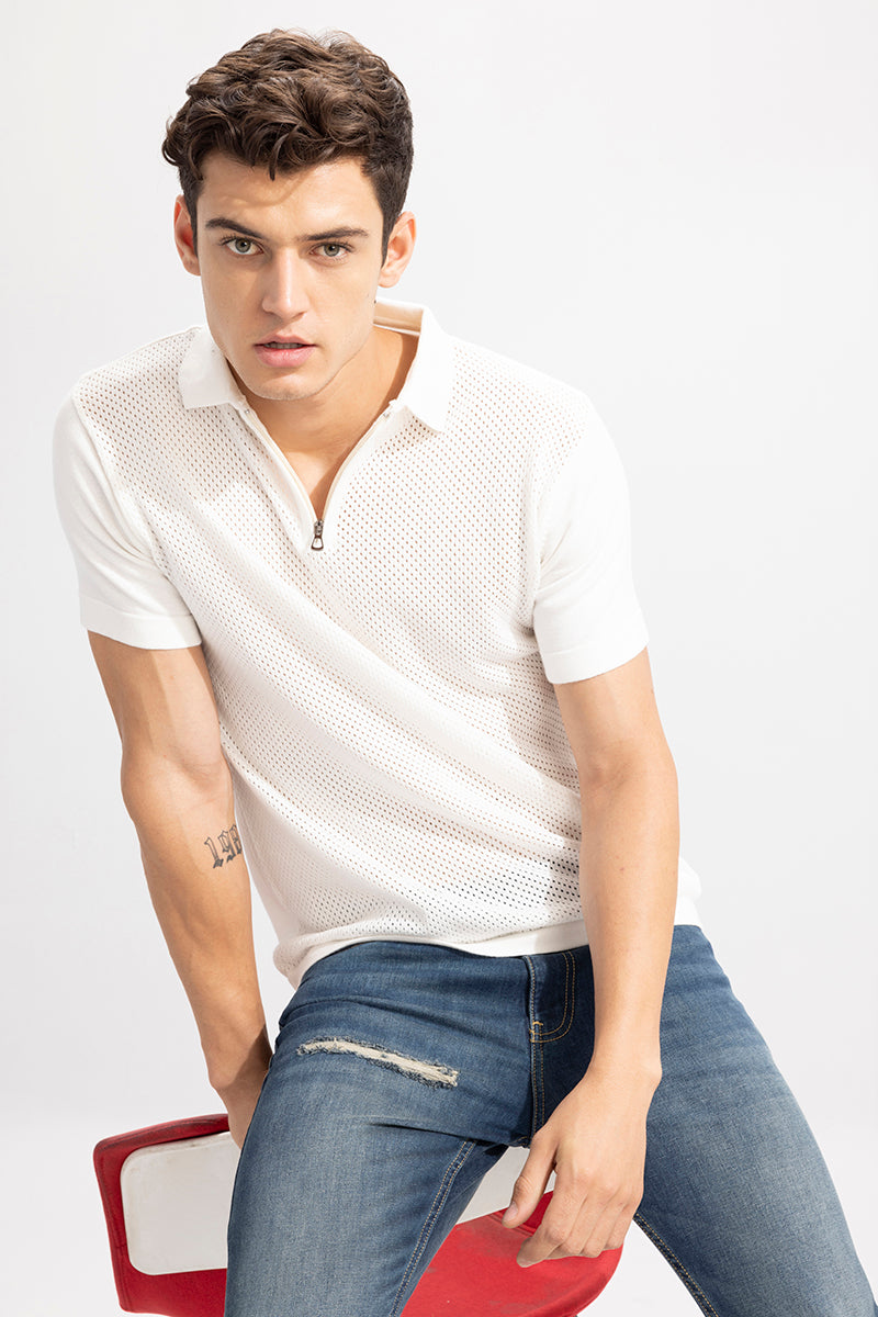 Mesh Knit White Polo T-Shirt | Relove