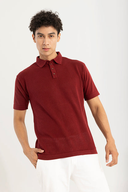 Mesh Design Red Polo T-Shirt | Relove