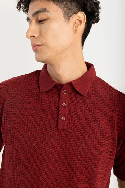 Mesh Design Red Polo T-Shirt | Relove