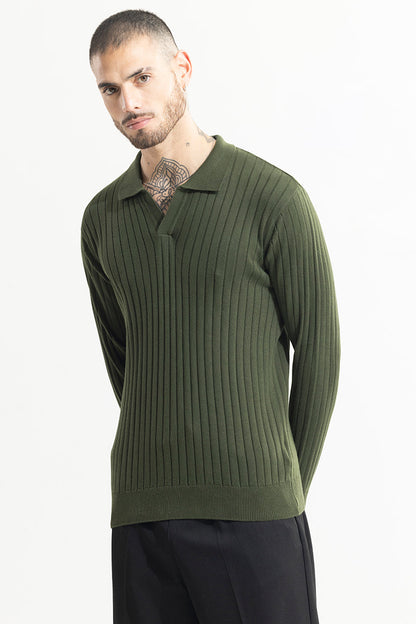 Chunky Ribbed Knitted Olive Polo T-Shirt | Relove