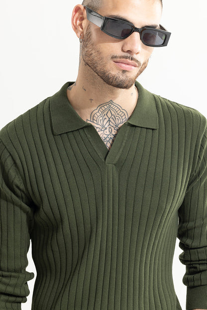 Chunky Ribbed Knitted Olive Polo T-Shirt | Relove