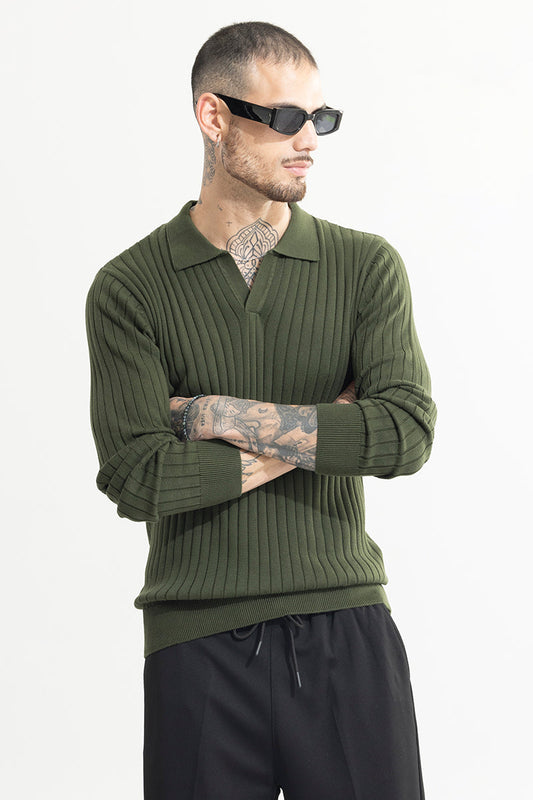 Chunky Ribbed Knitted Olive Polo T-Shirt | Relove