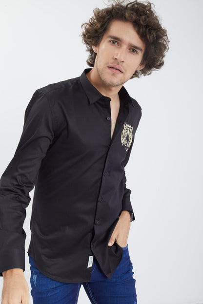 Caspian Tiger Black Satin Full Sleeves Shirt - SNITCH