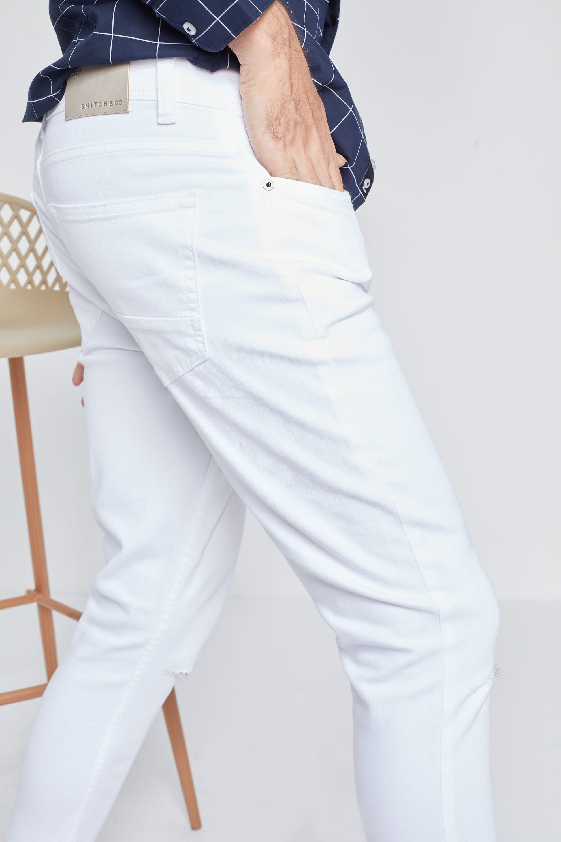 White Hyper Flex Knee-Cut Denim Jeans - SNITCH
