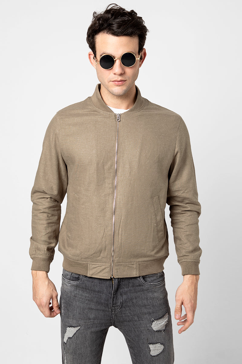 Linen Brown Bomber Jacket - SNITCH