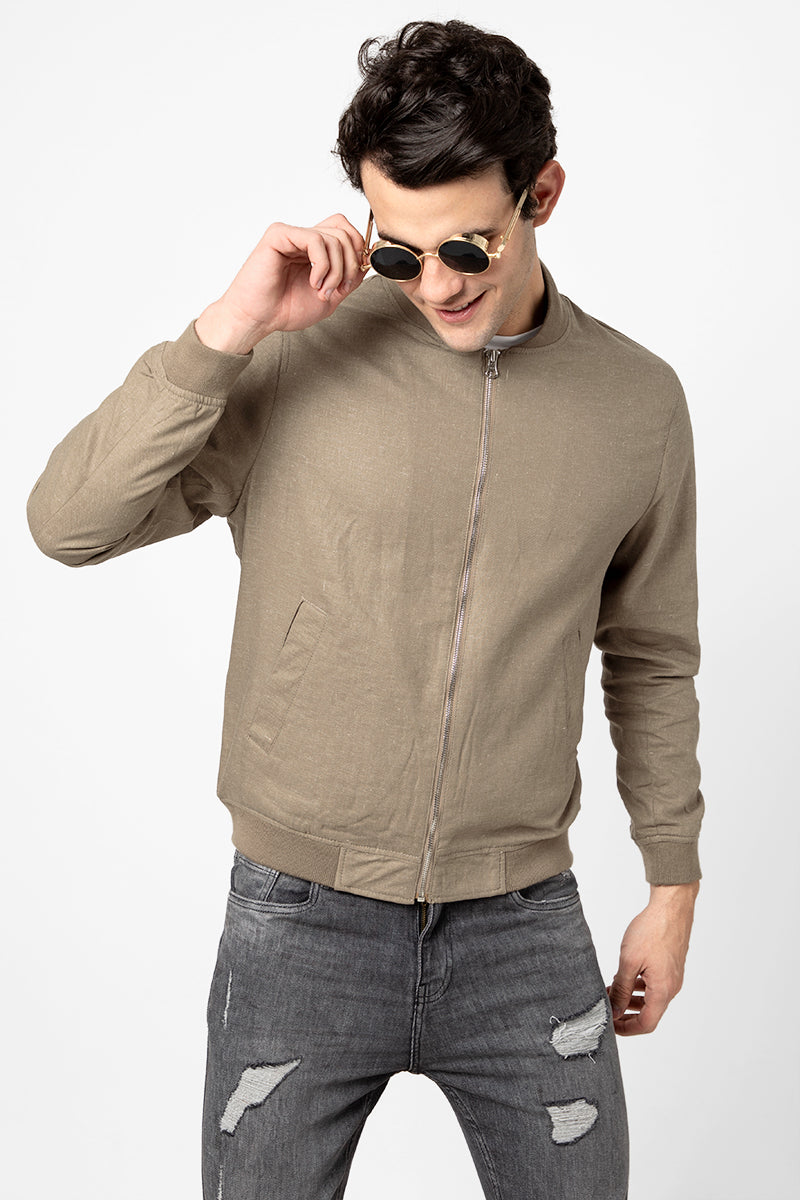Linen Brown Bomber Jacket - SNITCH
