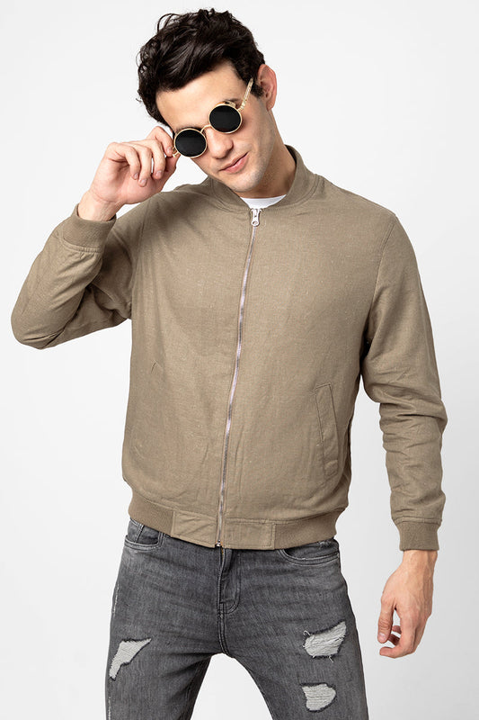 Linen Brown Bomber Jacket - SNITCH