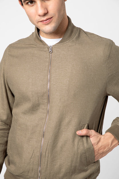 Linen Brown Bomber Jacket - SNITCH