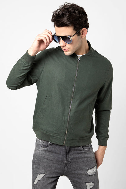 Linen Green Bomber Jacket - SNITCH