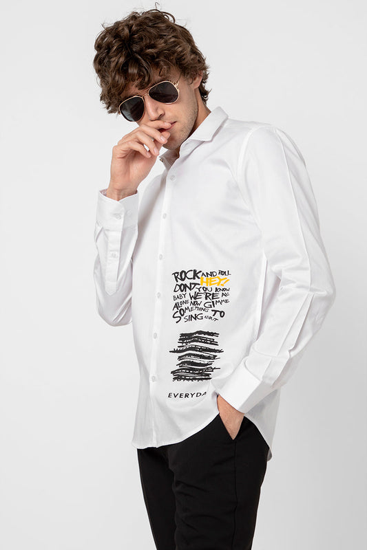 Rock & Roll Printed White Shirt - SNITCH