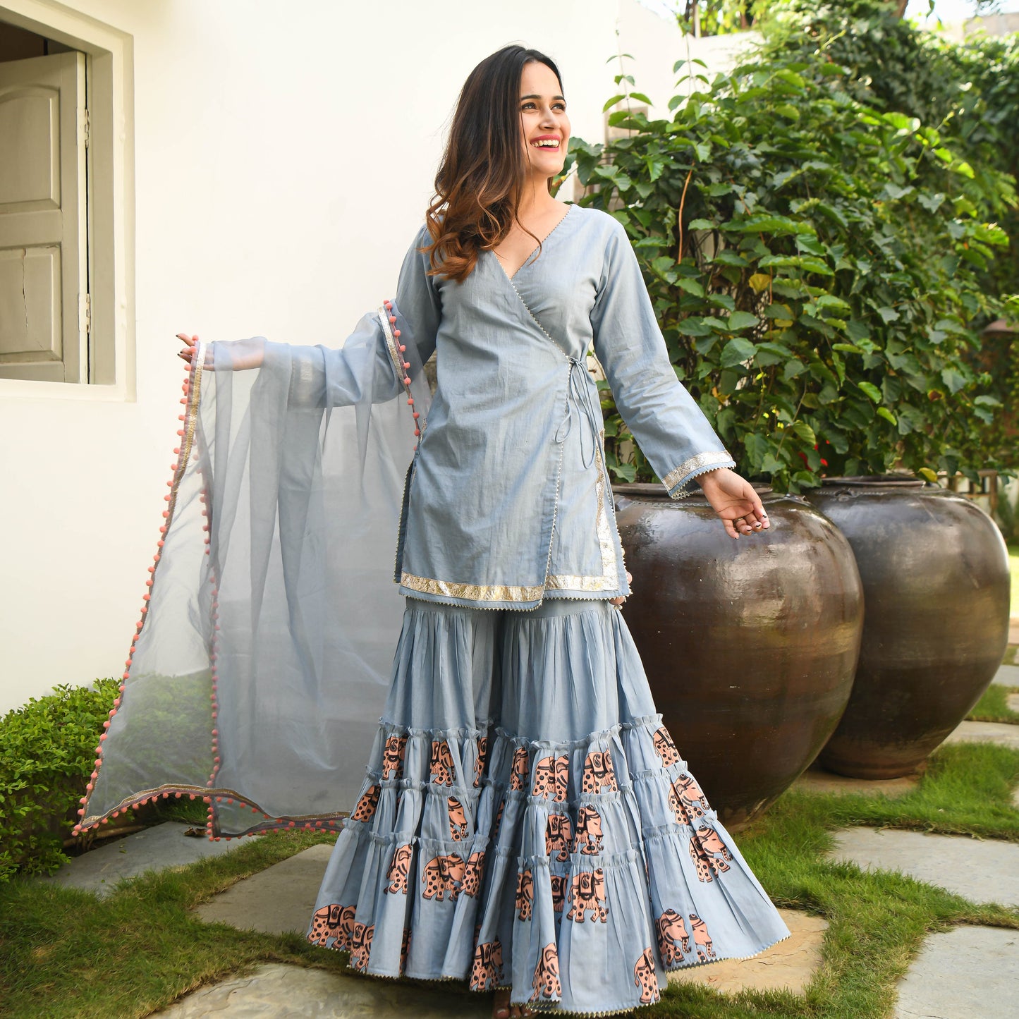  Readymade Gajgamini Grey Angrakhar Cotton Suit Set For Women Online