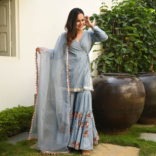  Readymade Gajgamini Grey Angrakhar Cotton Suit Set For Women Online