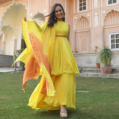 Orange and yellow embroidered suit set 