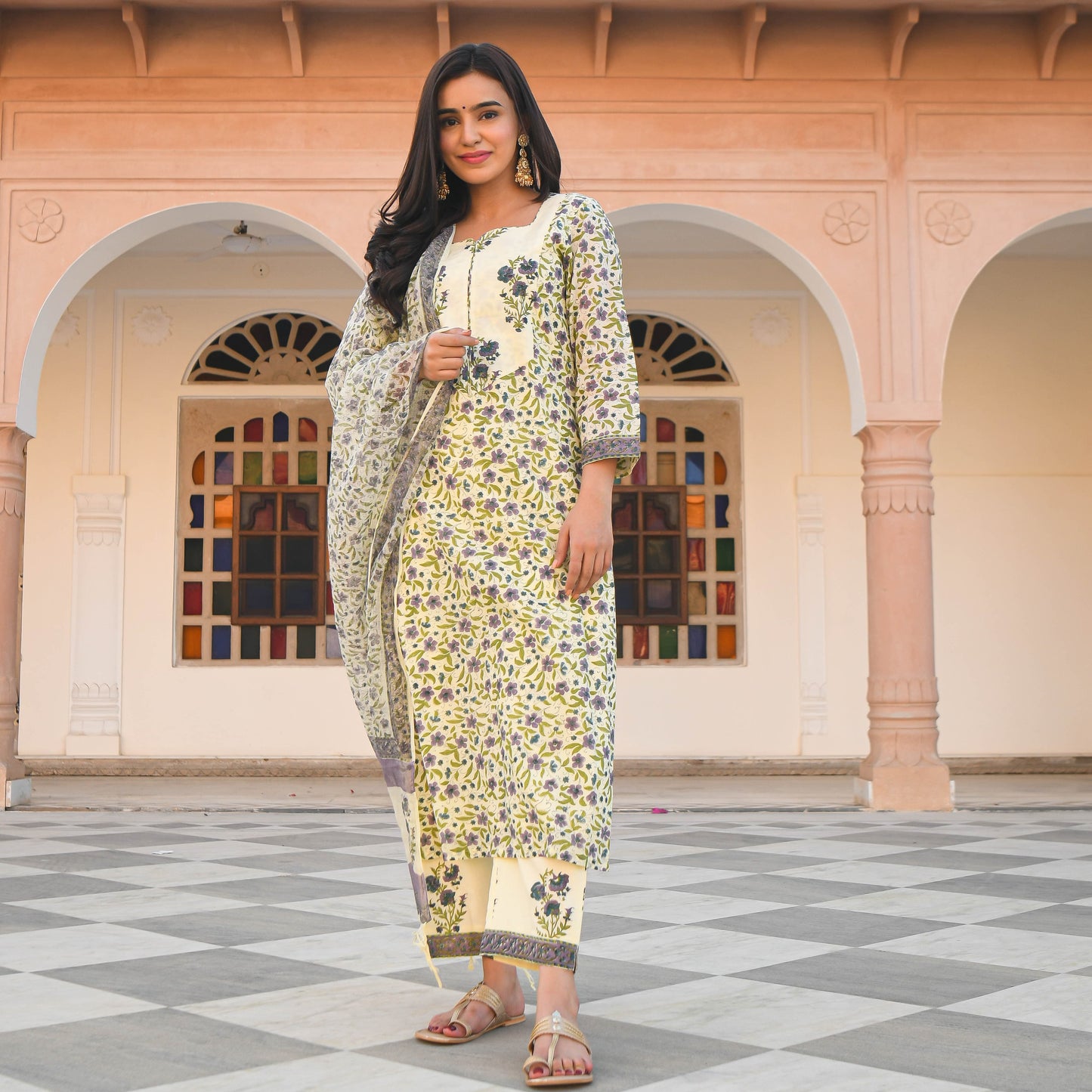 yellow cotton suit set with doriya dupatta 