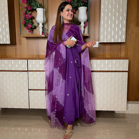 purple suit set with muga silk kurta and pants and organza dupatta