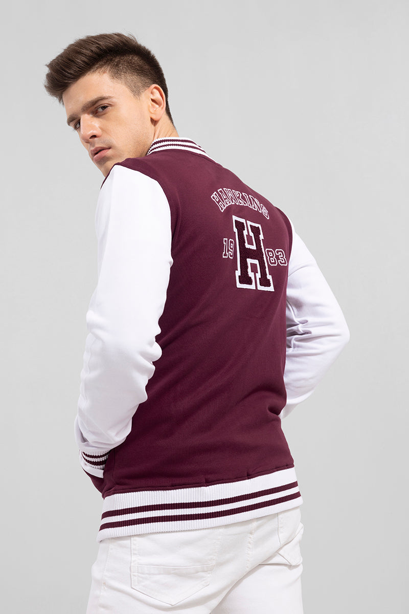 Trendy Full Sleeve Varsity Maroon Jacket For Men