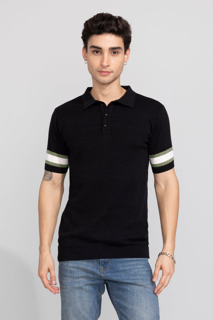 Striped Rib Black Polo T-Shirt | Relove