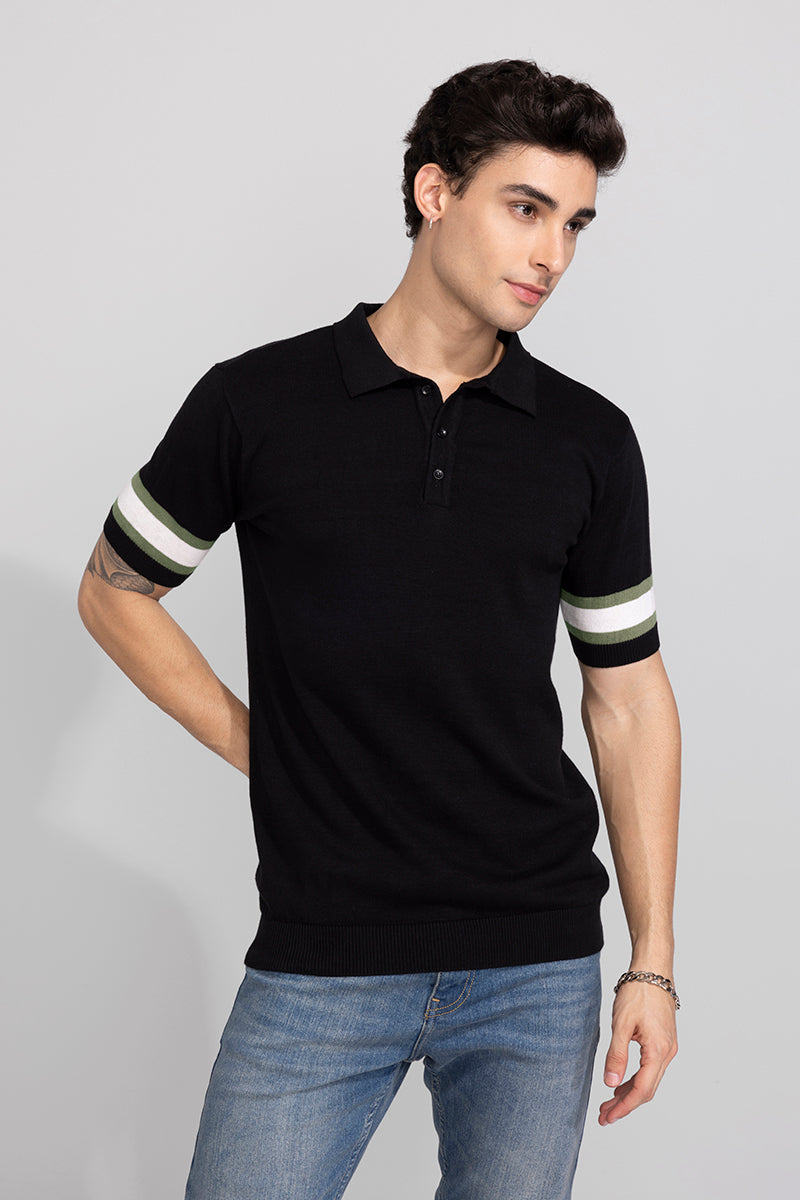 Striped Rib Black Polo T-Shirt | Relove