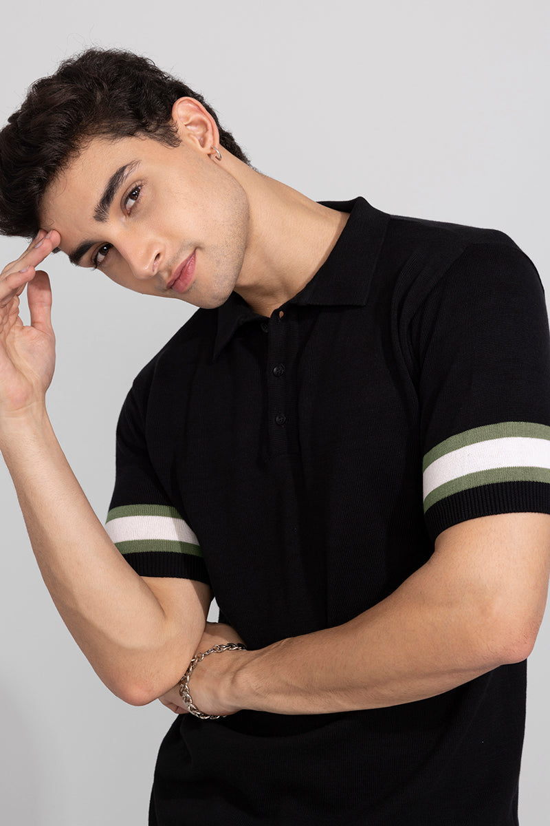 Striped Rib Black Polo T-Shirt | Relove