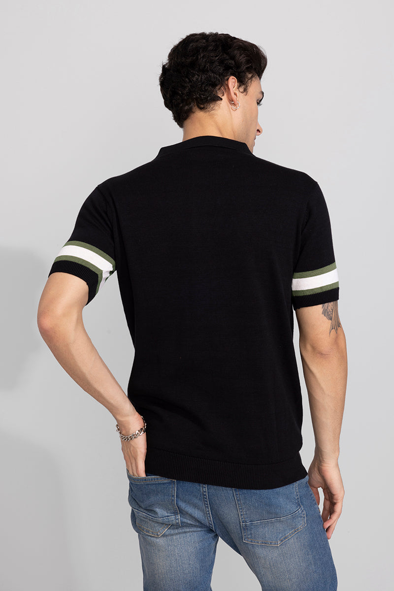 Striped Rib Black Polo T-Shirt | Relove