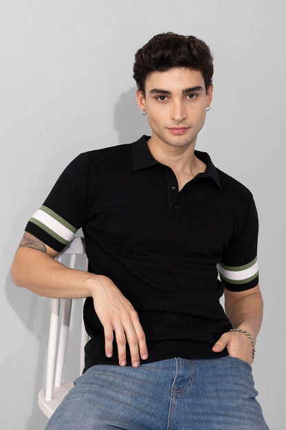 Striped Rib Black Polo T-Shirt | Relove