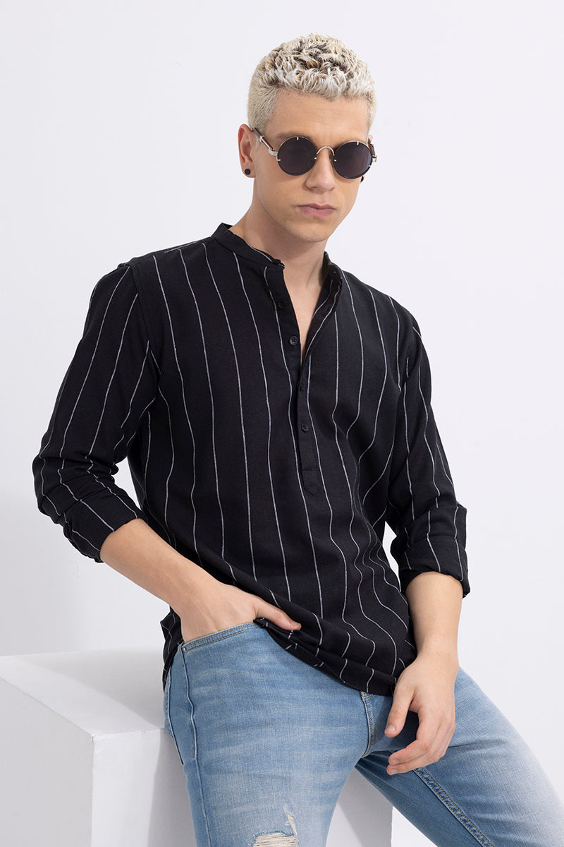 Striped Black Linen Kurta Shirt | Relove