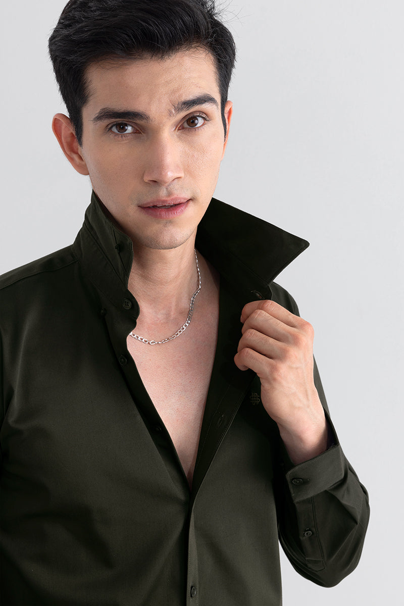 On Loop Olive Satin Stretch Shirt | Relove