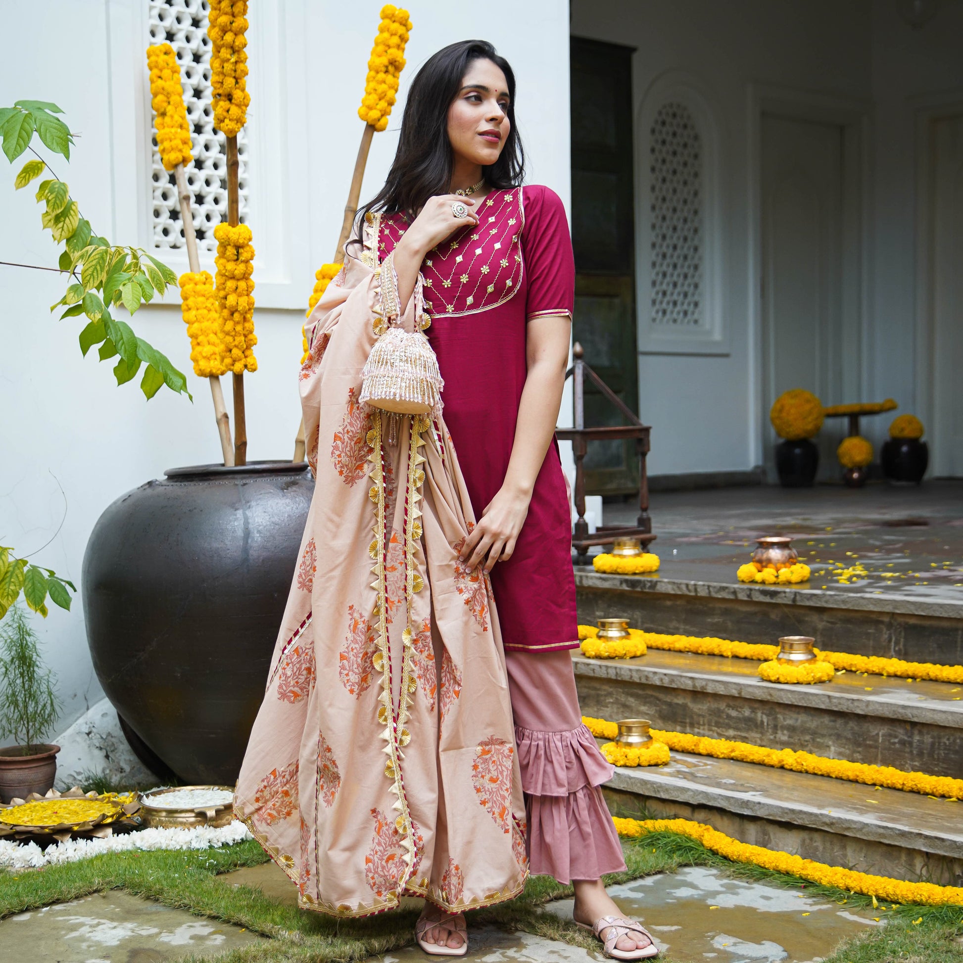 Peach Maroon Cotton Suit Set