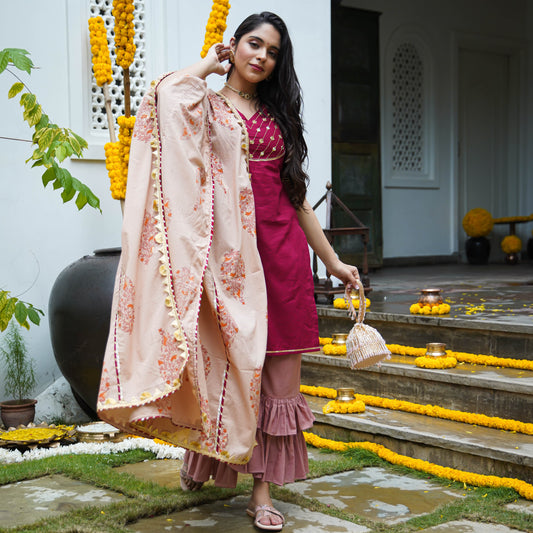 Peach Maroon Cotton Suit Set