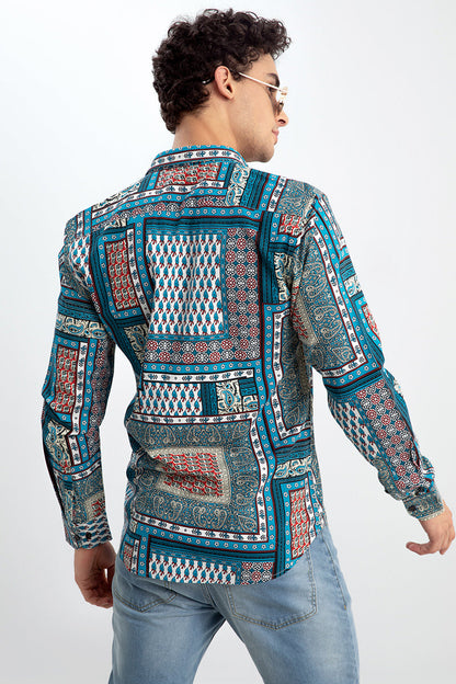 Kalamkari Print Teal Blue Shirt - SNITCH